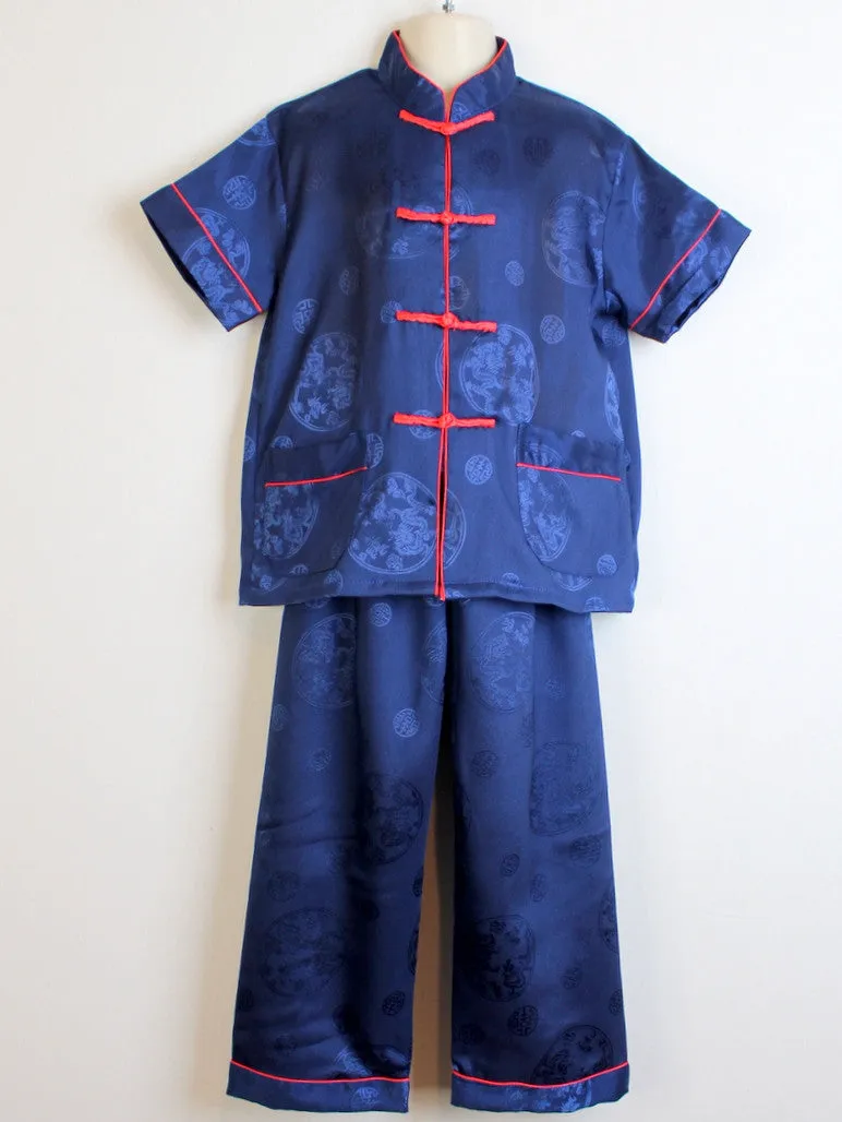 Boys Two-Piece Satin Traditional Outfit (Navy Blue)