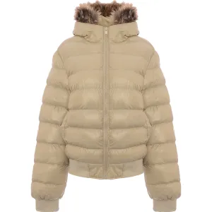 Brave Soul Womens River Puffer Coat with Faux Fur Trim Hood in Stone