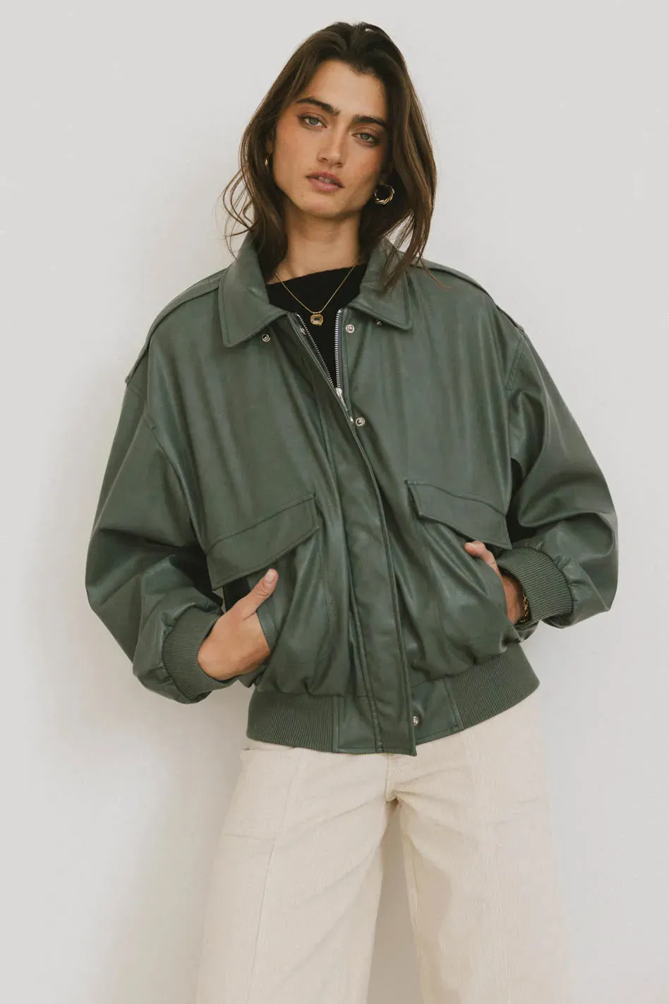 Call Me Back Vegan Jacket in Olive - FINAL SALE