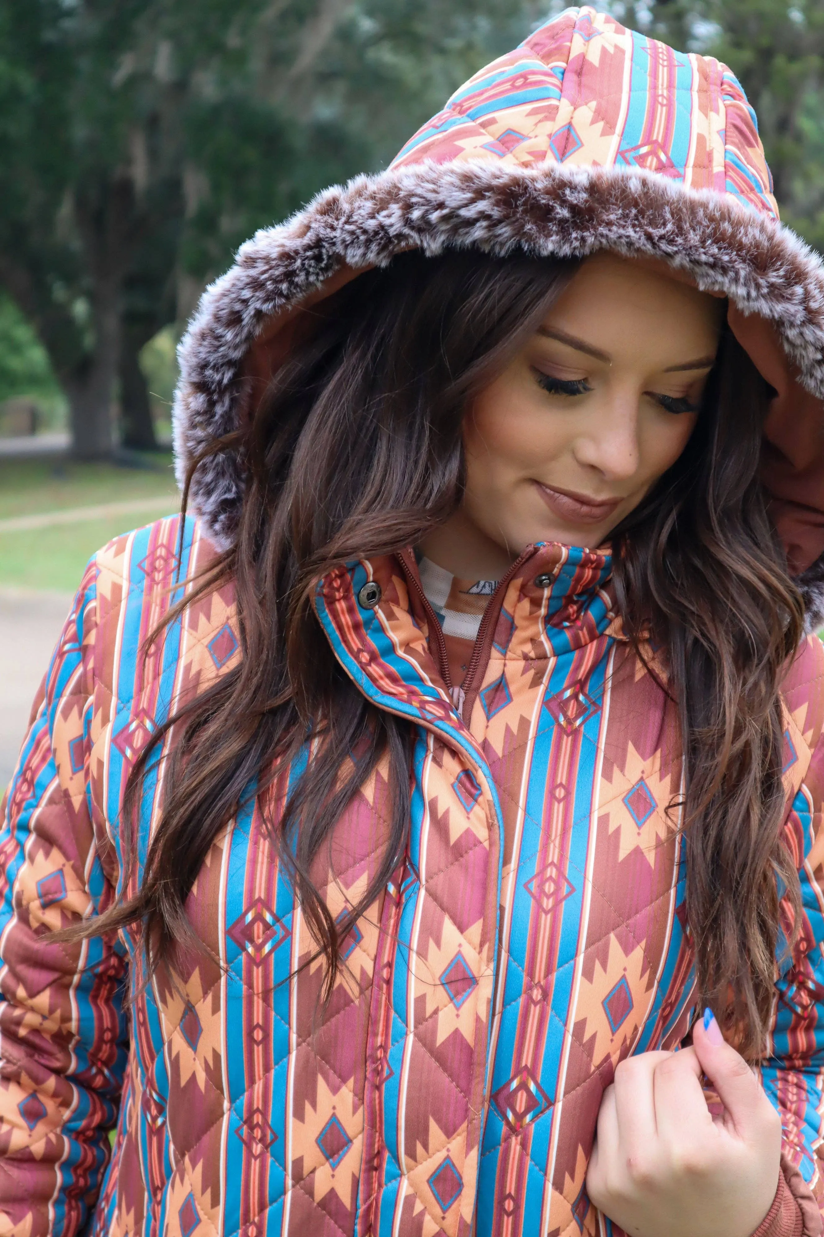 Carolina Fur Trimmed Quilted Jacket - Aztec Print