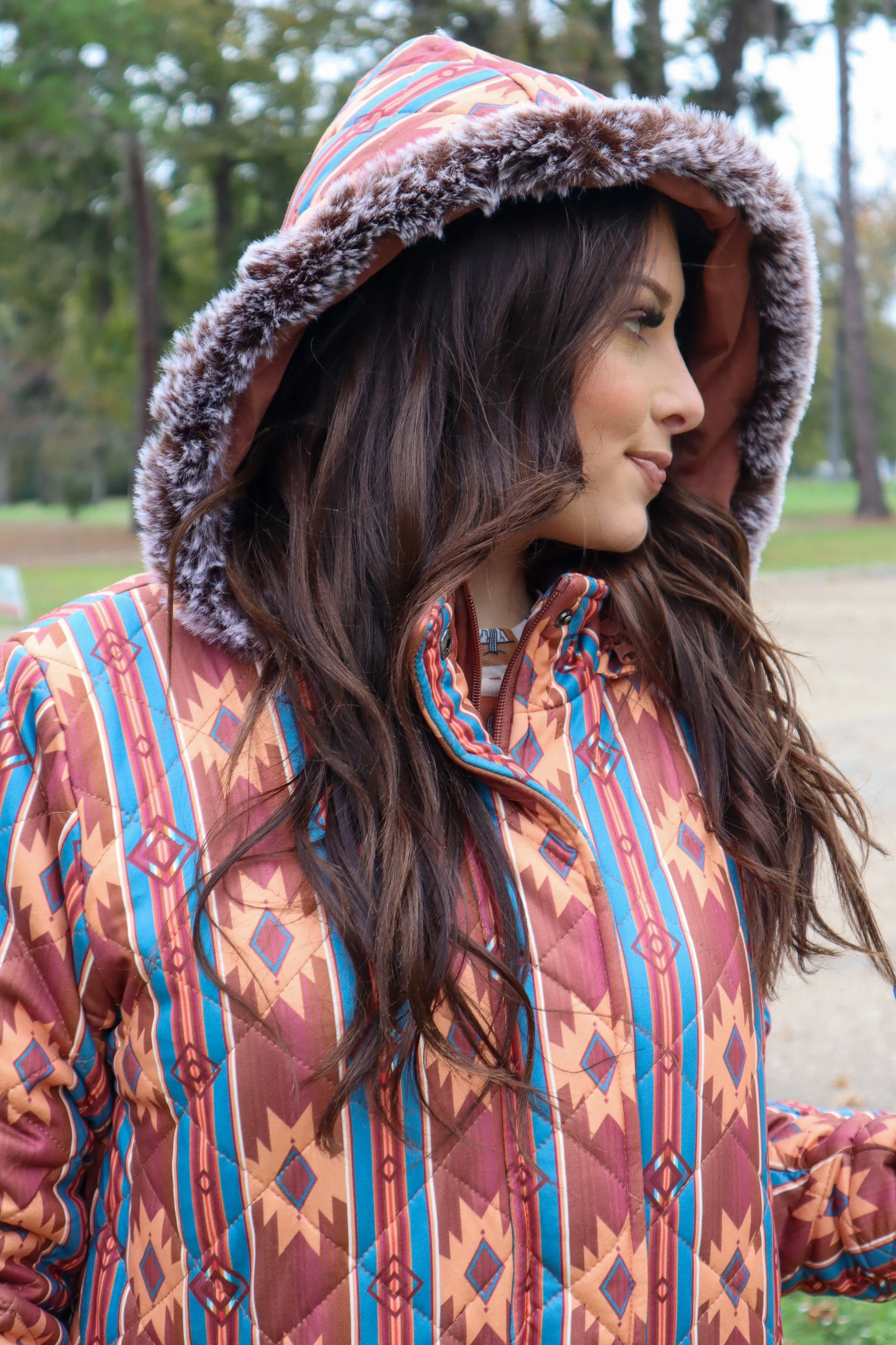 Carolina Fur Trimmed Quilted Jacket - Aztec Print