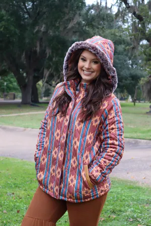 Carolina Fur Trimmed Quilted Jacket - Aztec Print
