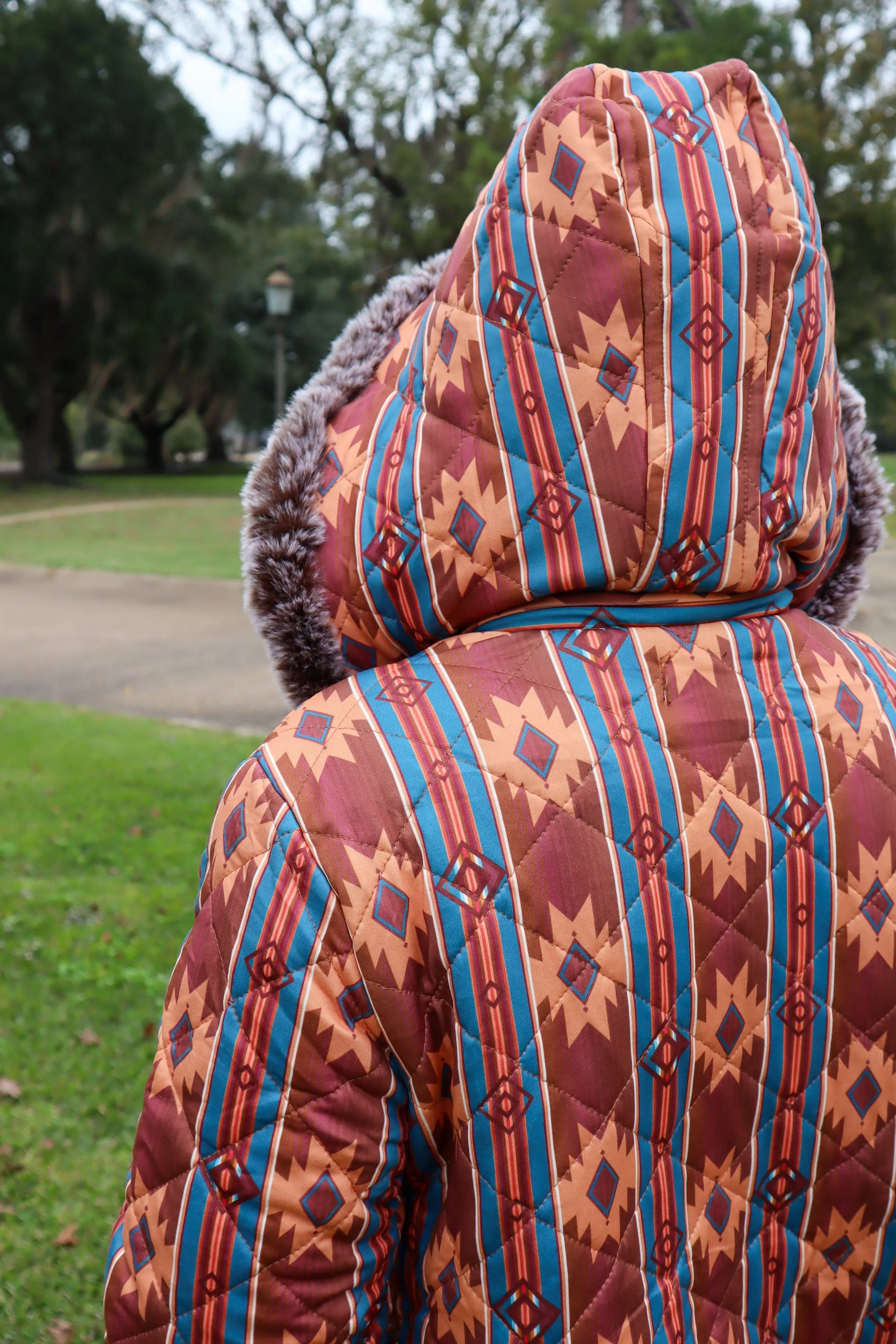 Carolina Fur Trimmed Quilted Jacket - Aztec Print