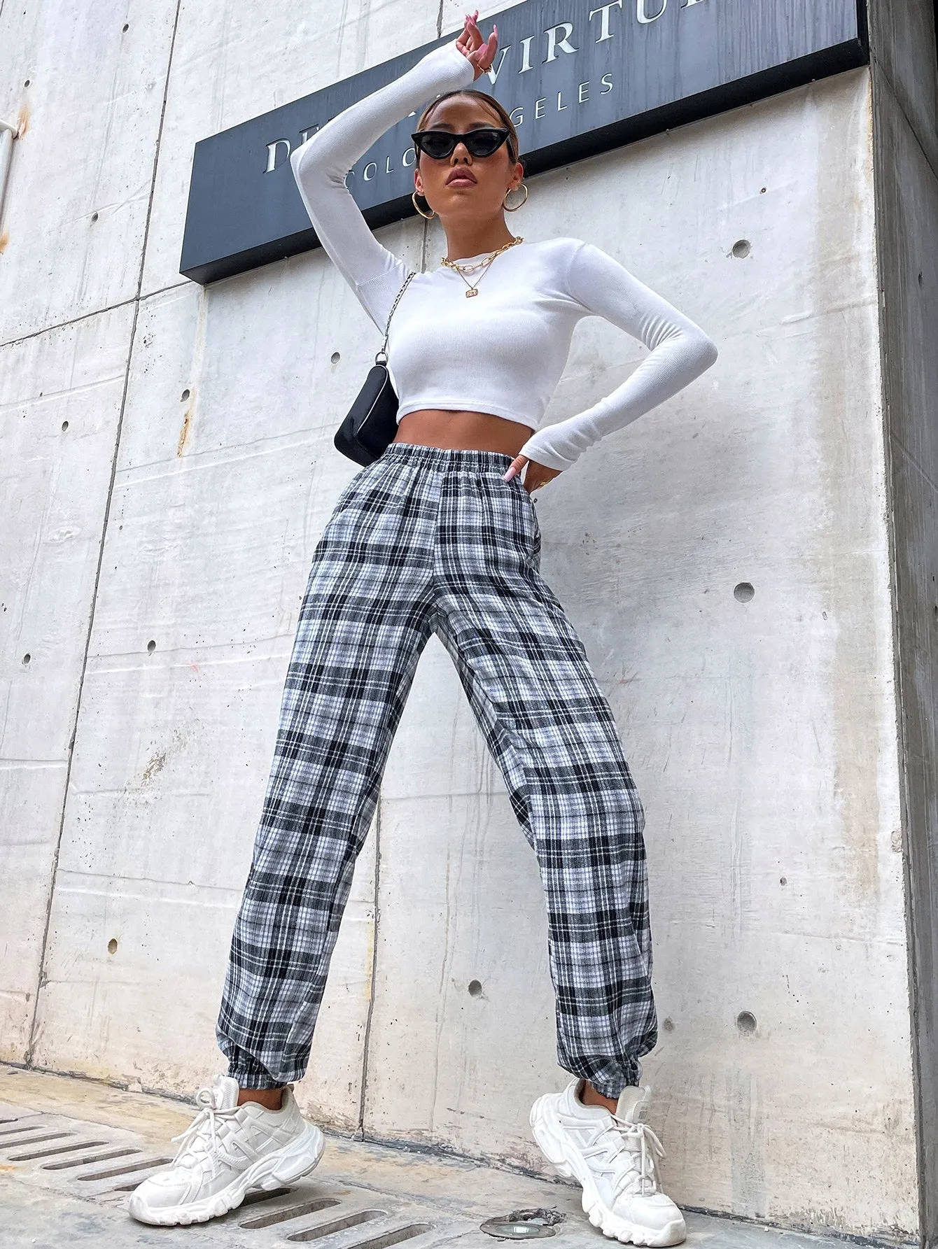 Casual Plaid Pocket High Waist Long Women Pants