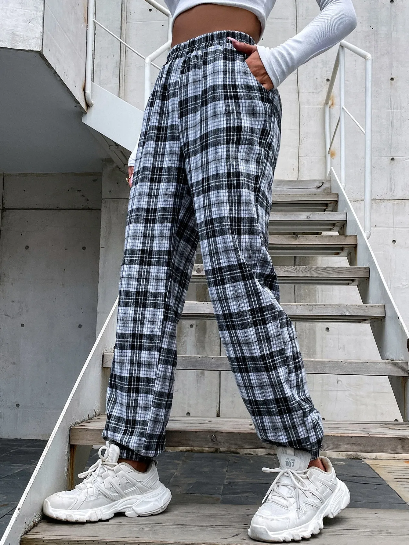 Casual Plaid Pocket High Waist Long Women Pants