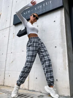 Casual Plaid Pocket High Waist Long Women Pants