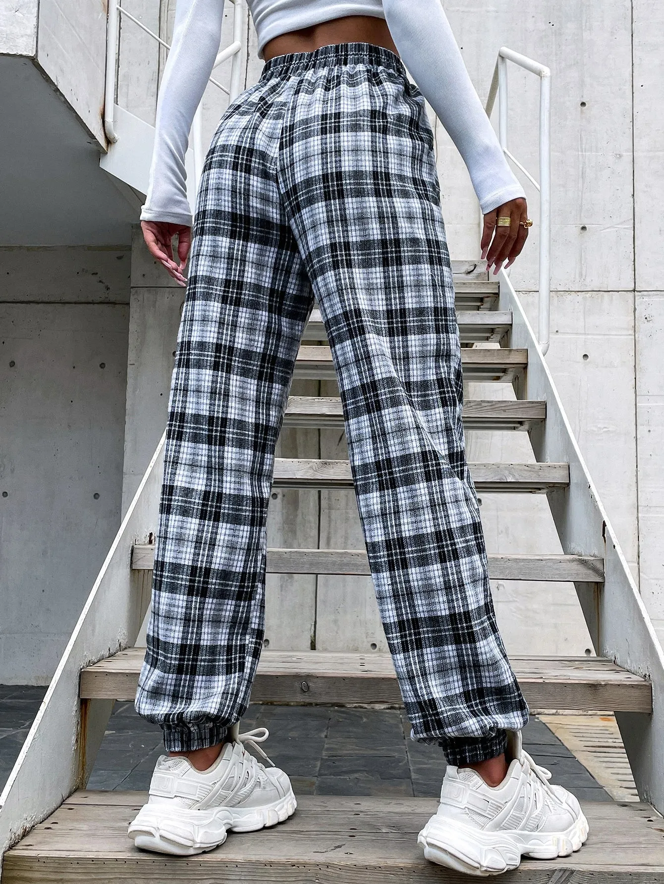 Casual Plaid Pocket High Waist Long Women Pants