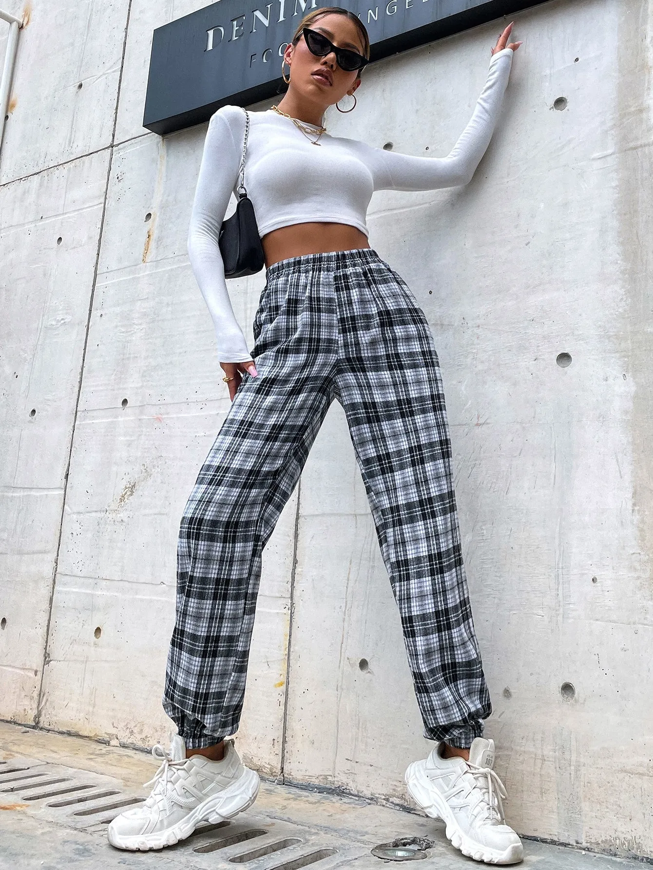Casual Plaid Pocket High Waist Long Women Pants