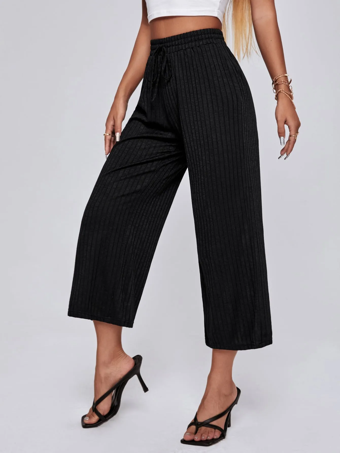 Casual Plain Knot High Waist Capris Women Pants