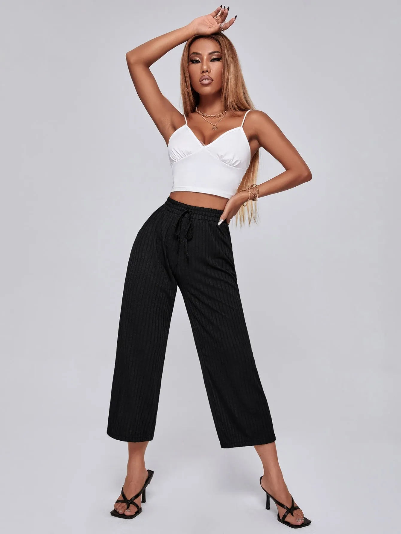 Casual Plain Knot High Waist Capris Women Pants