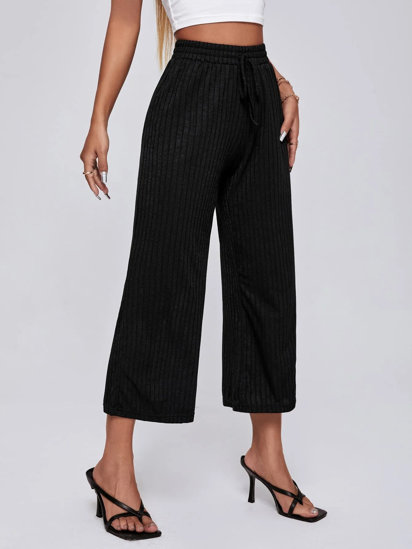 Casual Plain Knot High Waist Capris Women Pants