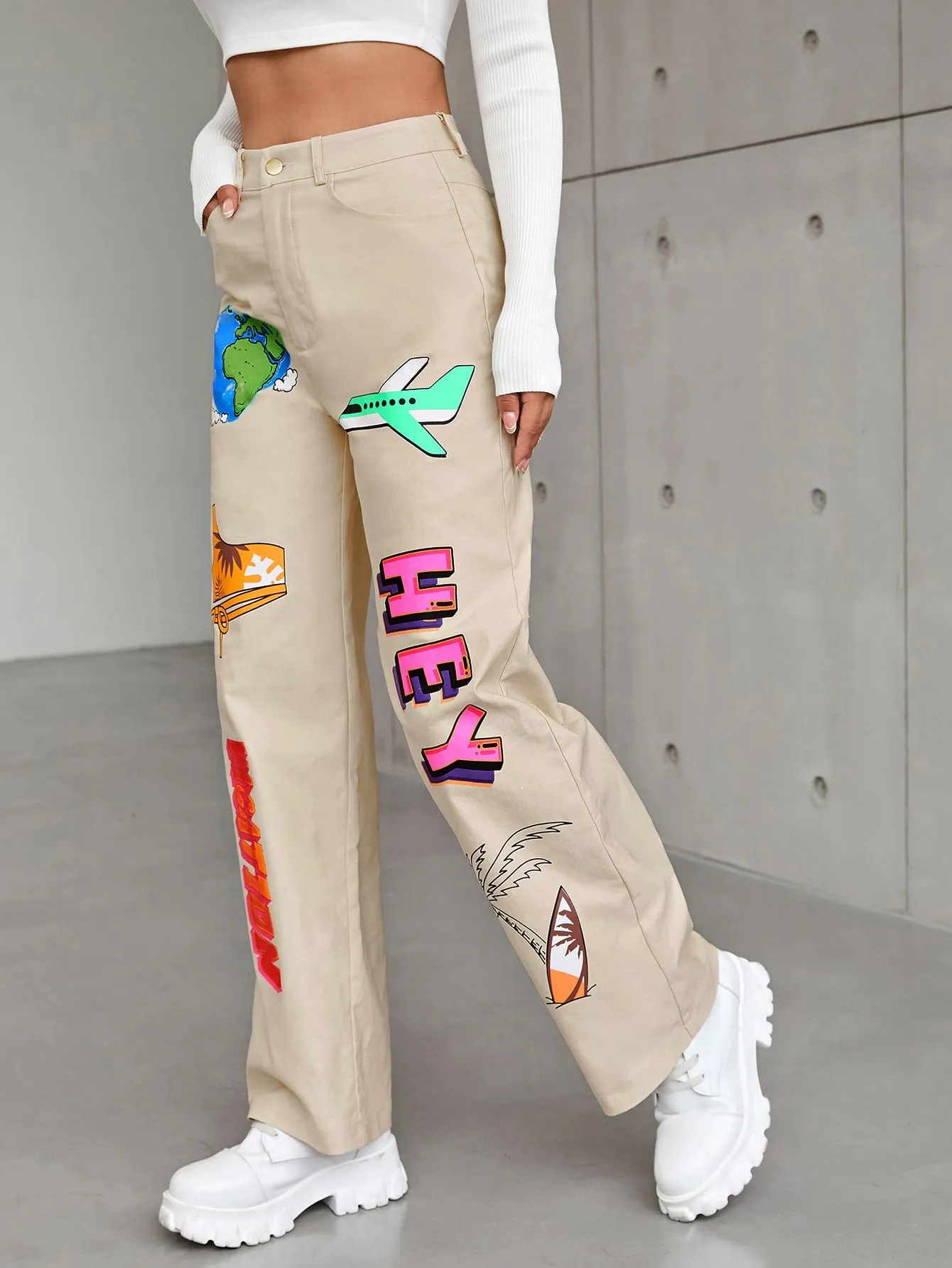 Casual Slogan Zipper High Waist Long Women Pants