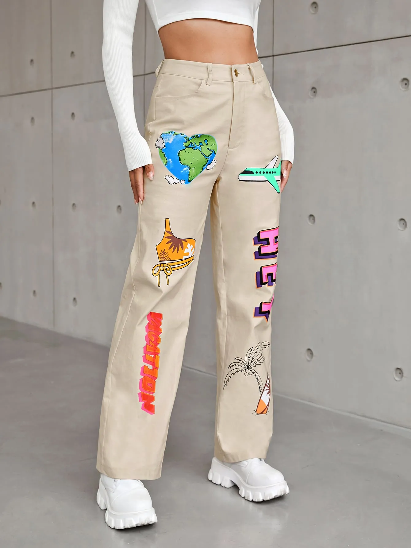 Casual Slogan Zipper High Waist Long Women Pants