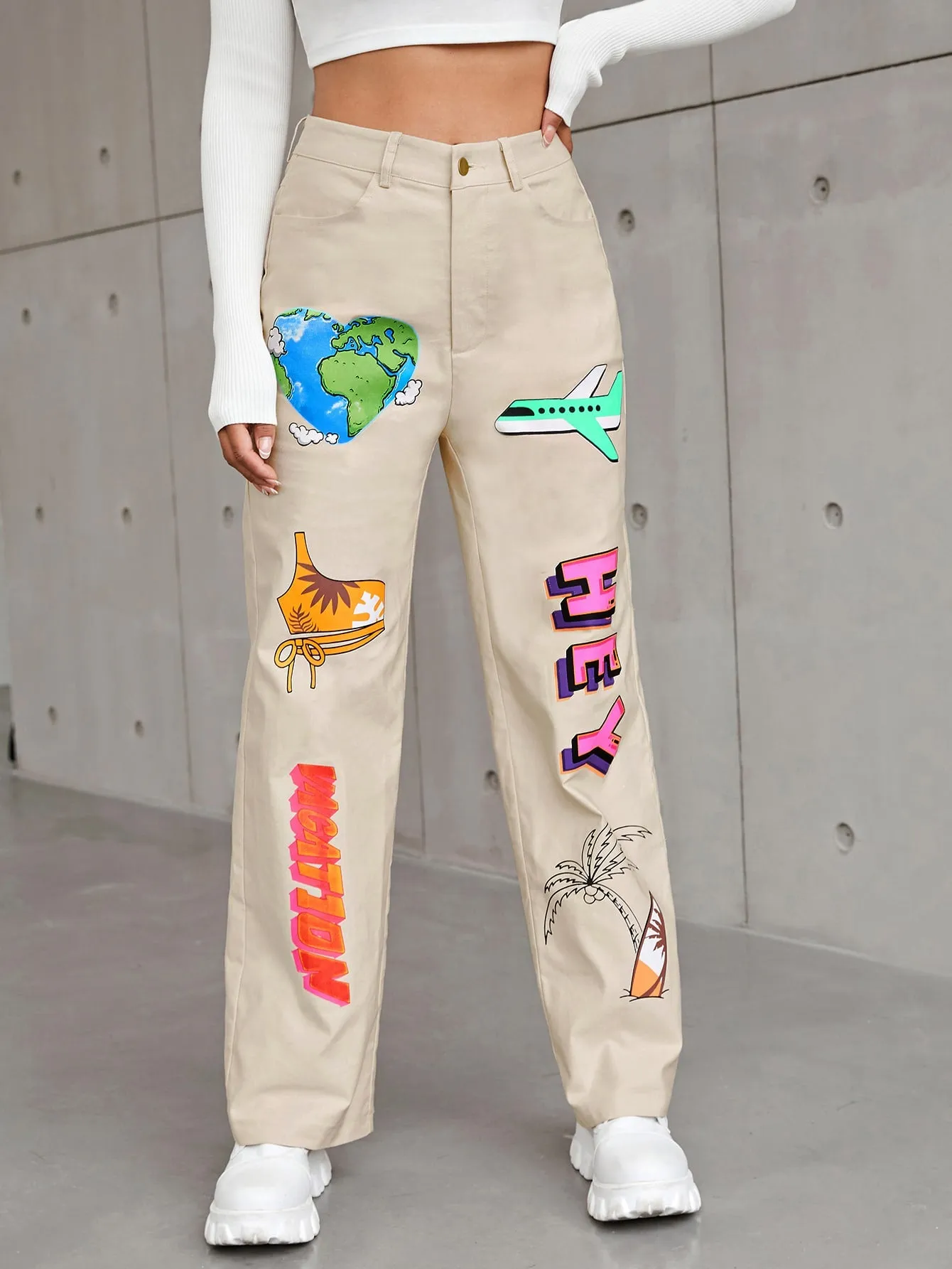 Casual Slogan Zipper High Waist Long Women Pants