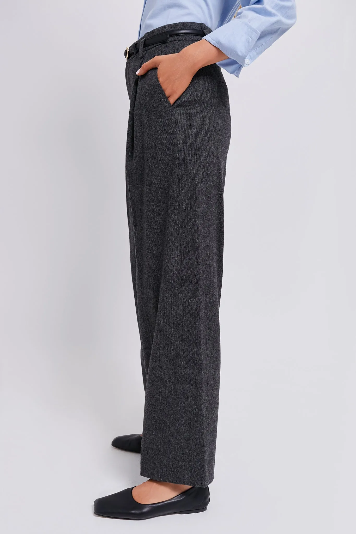 Charcoal Herringbone High Waisted Wide Leg Trouser
