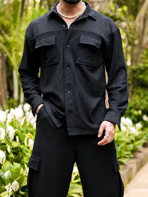Cord Knit Textured Black Double Pocket Co-Ords