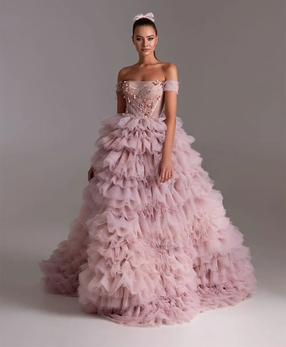 Crystal Beading Off the Shoulder Women's Ruffle Party Dress
