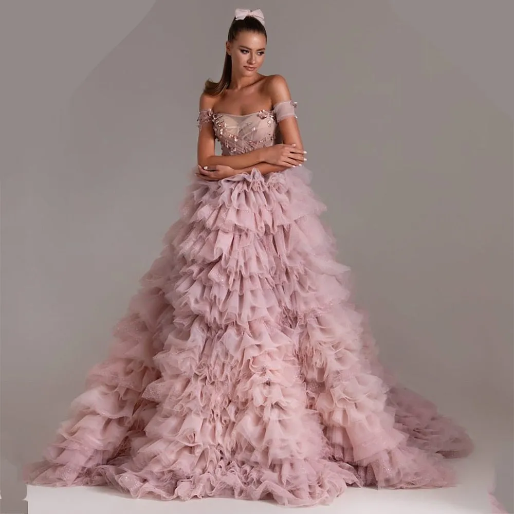 Crystal Beading Off the Shoulder Women's Ruffle Party Dress