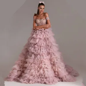 Crystal Beading Off the Shoulder Women's Ruffle Party Dress