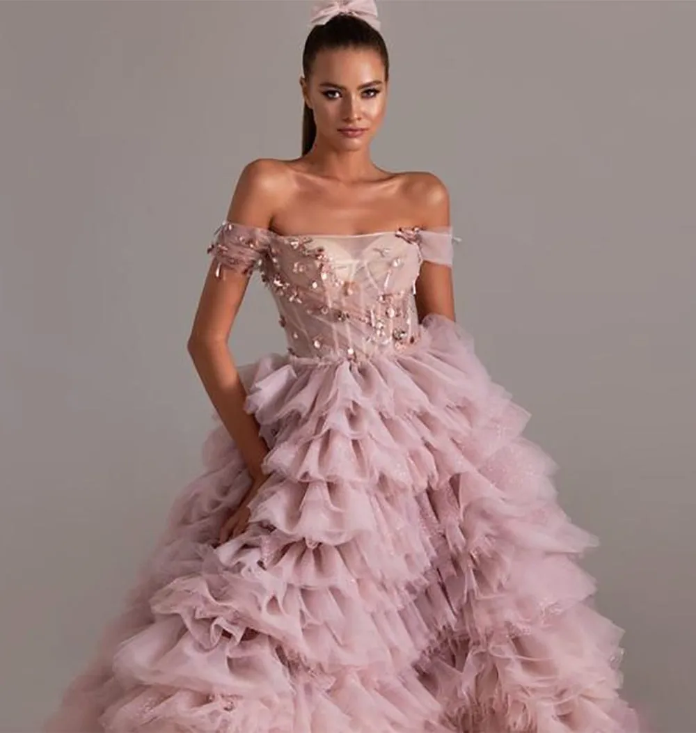 Crystal Beading Off the Shoulder Women's Ruffle Party Dress