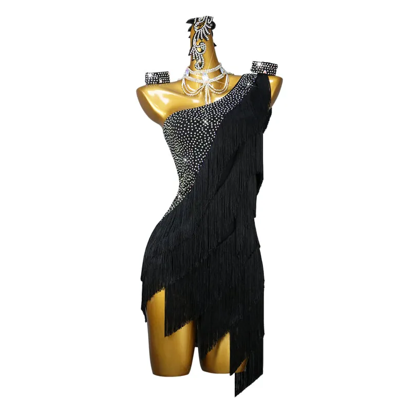 Customized Black Tassel Fringed Latin Dance Dress