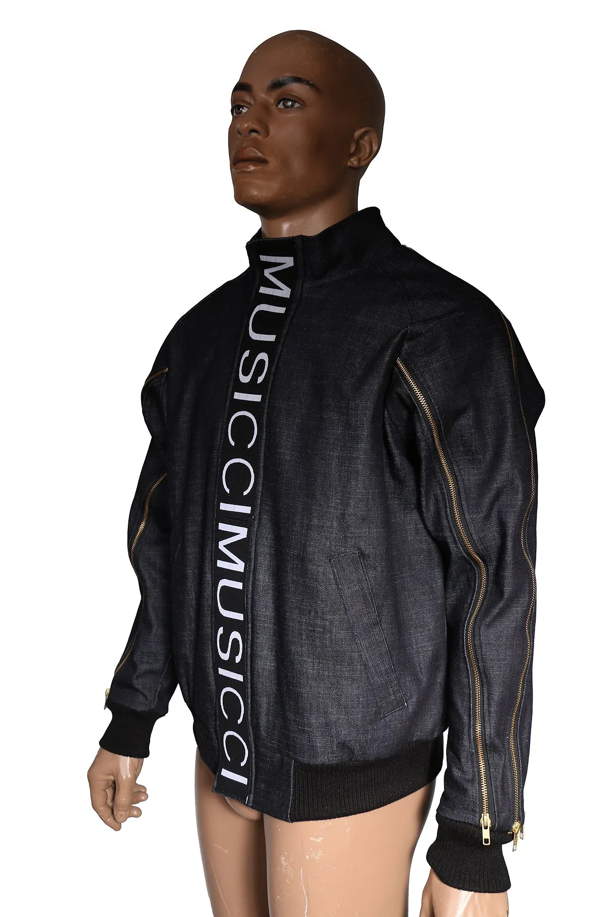 Denim sport Jacket with accesorized zippers back pocket