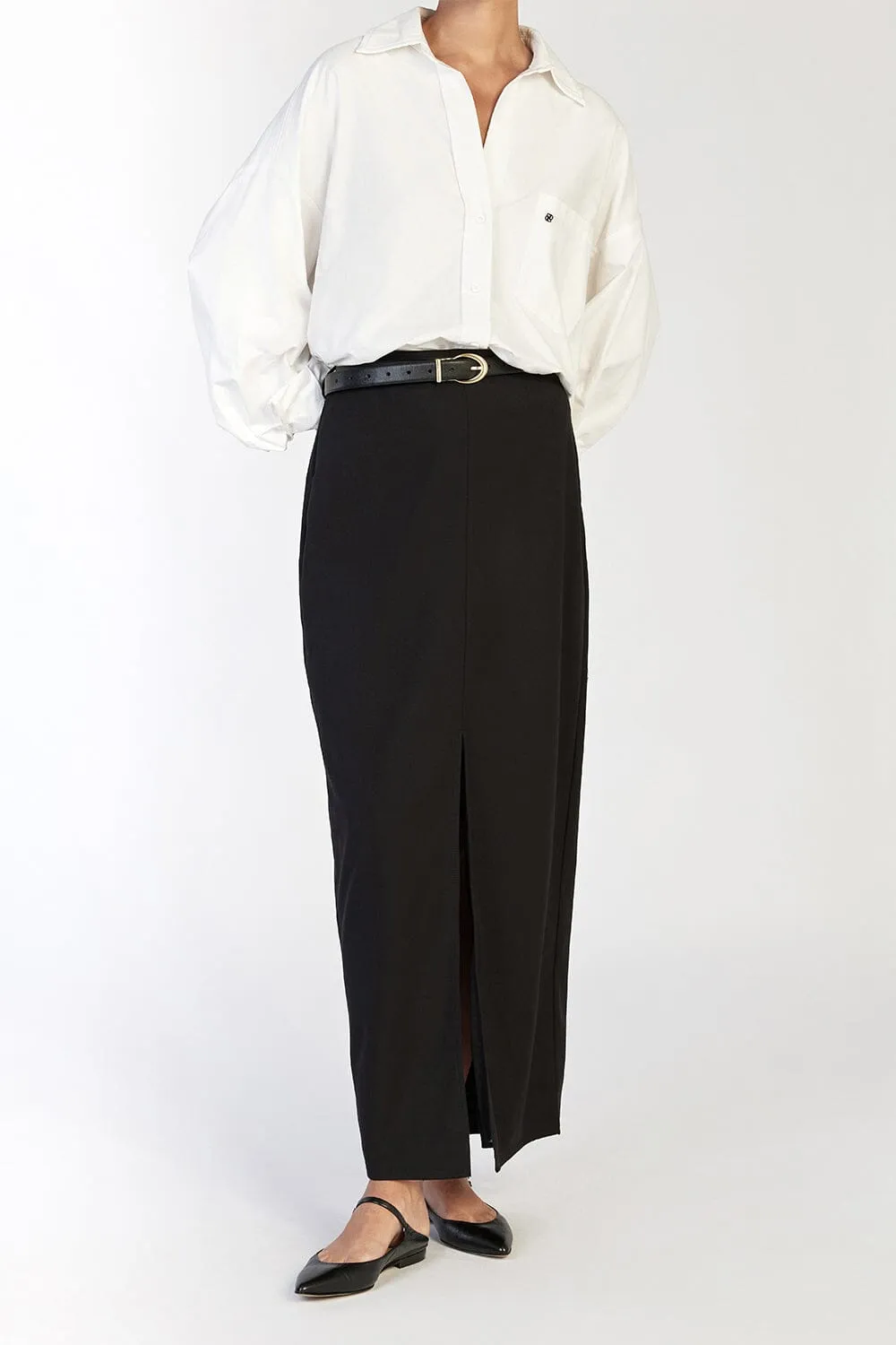 DREW BLACK SPLIT MIDI SKIRT