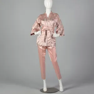 Dynasty 1960s Pink Silk Wrap Jacket and Cigarette Pant Set