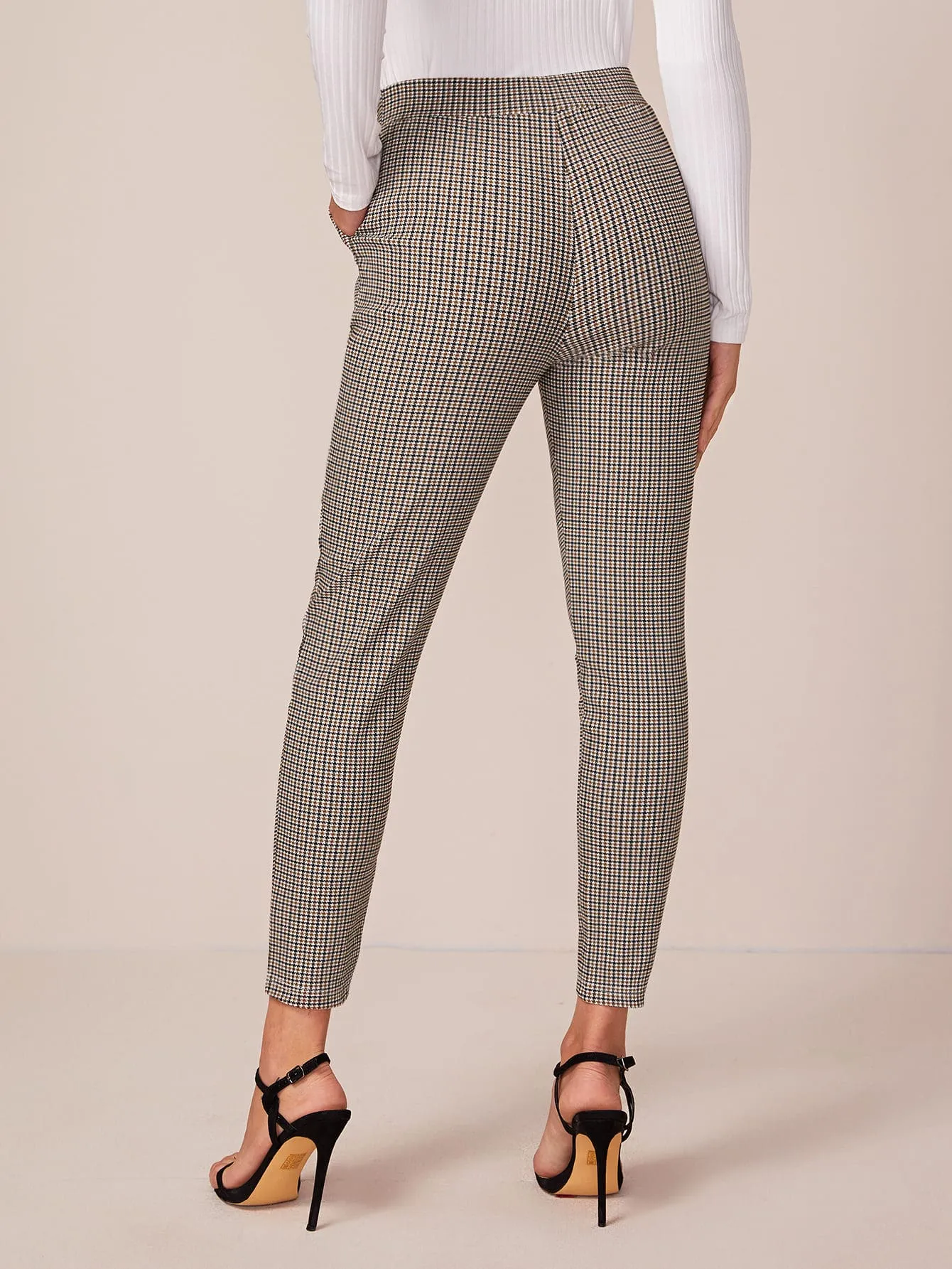 Elegant Plaid Pocket High Waist Cropped Women Pants