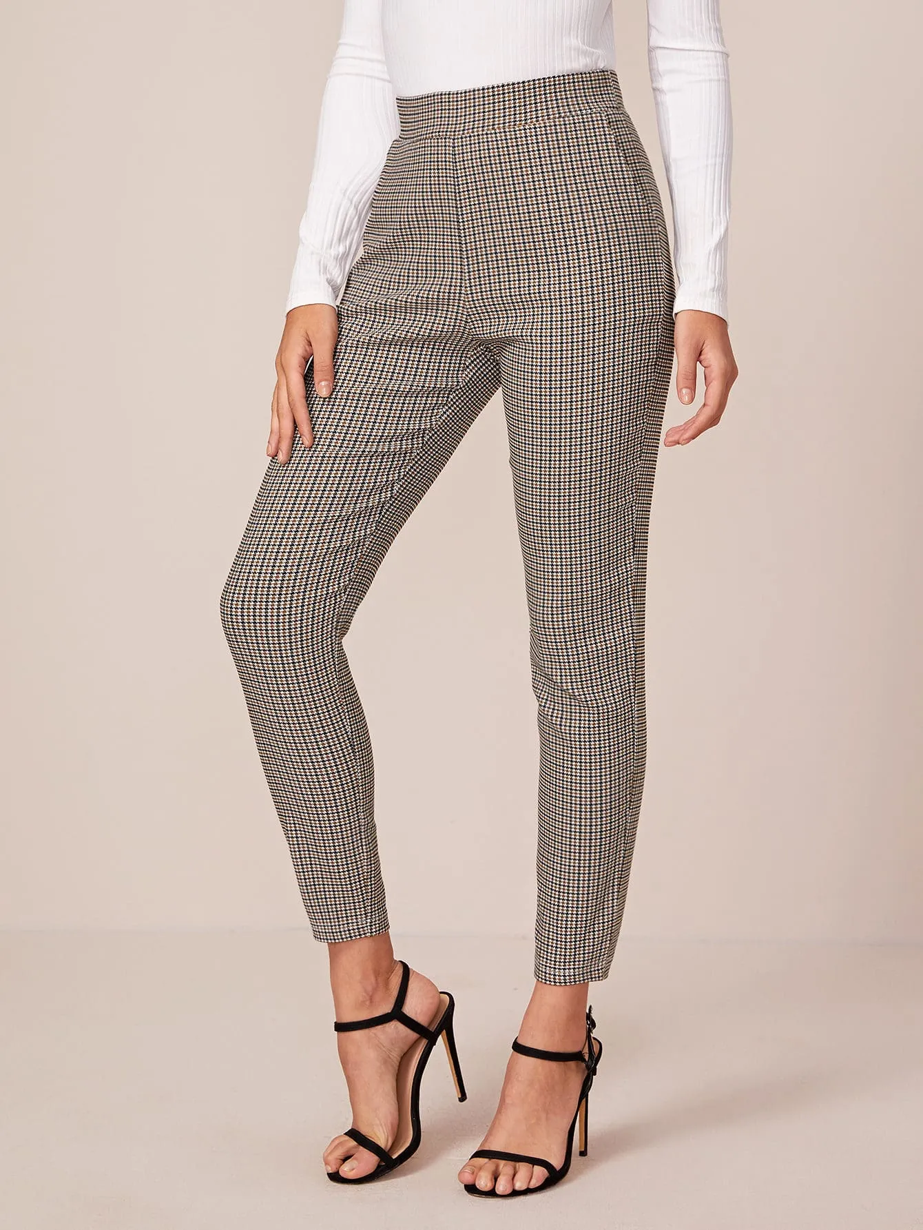 Elegant Plaid Pocket High Waist Cropped Women Pants
