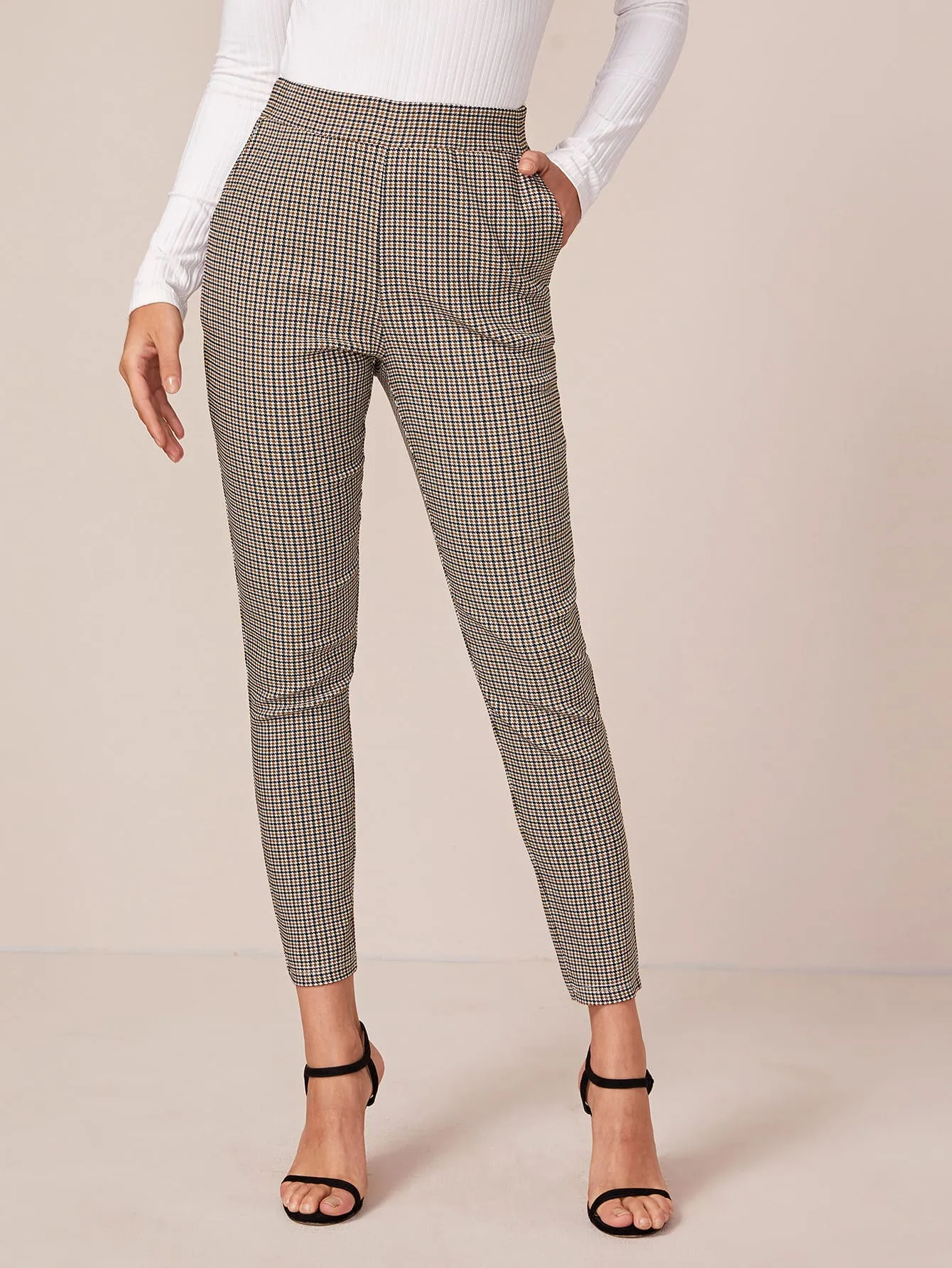 Elegant Plaid Pocket High Waist Cropped Women Pants