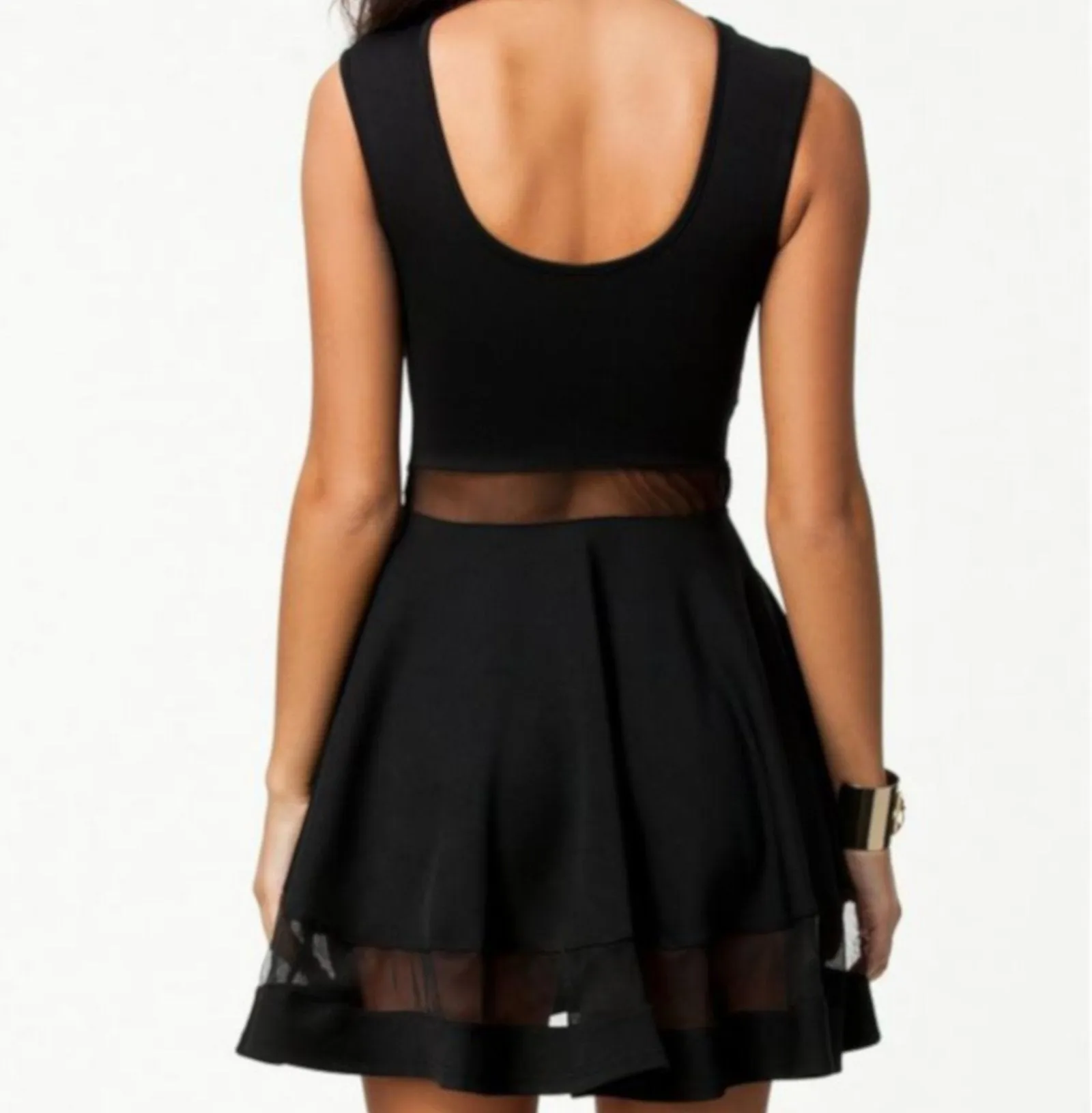 Elegant Vintage Black Mesh Sleeveless Pleated Skater Dress