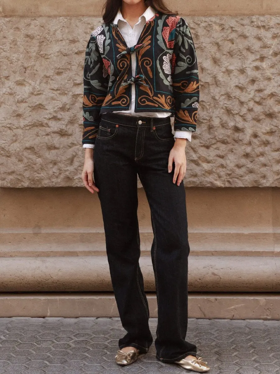 Embroidered Printed Tie Up Jacket