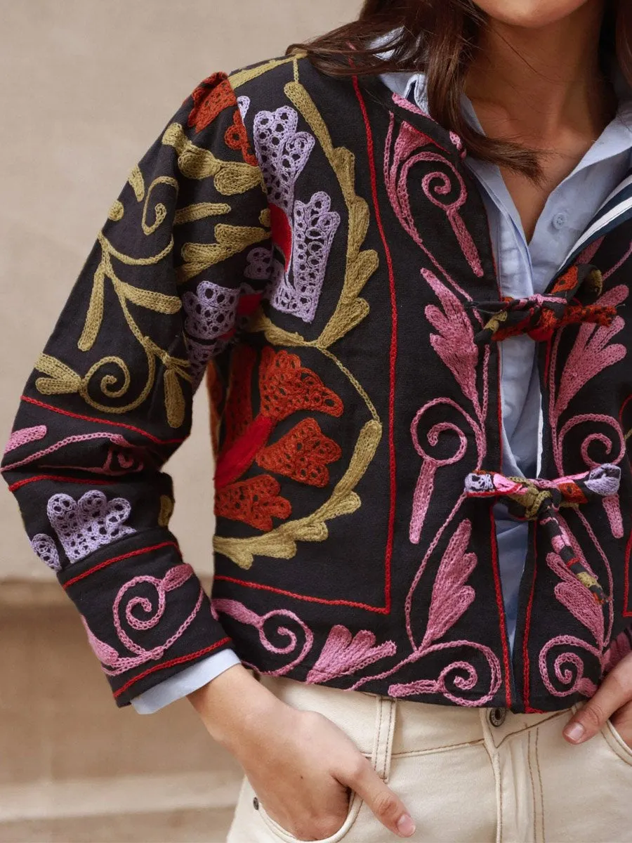 Embroidered Printed Tie Up Jacket