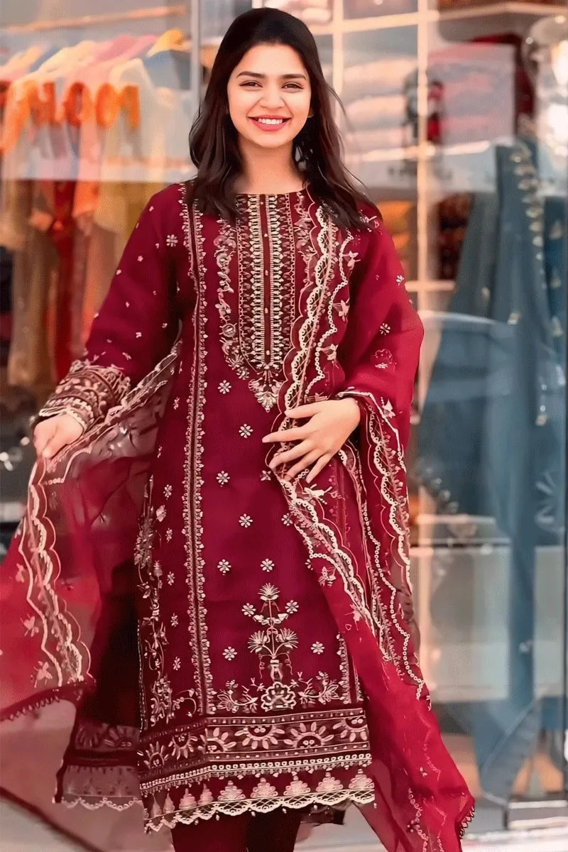Embroidery Work Full Pair Red Colour Dress For Karwa Chauth
