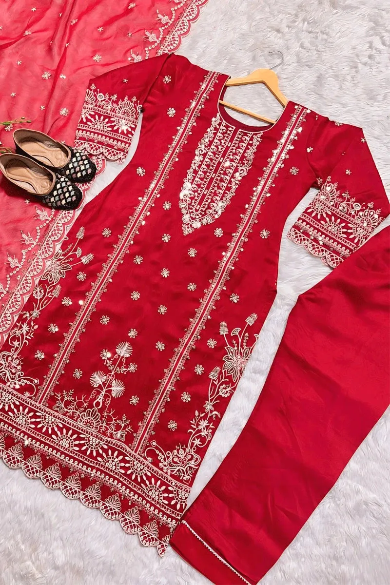 Embroidery Work Full Pair Red Colour Dress For Karwa Chauth