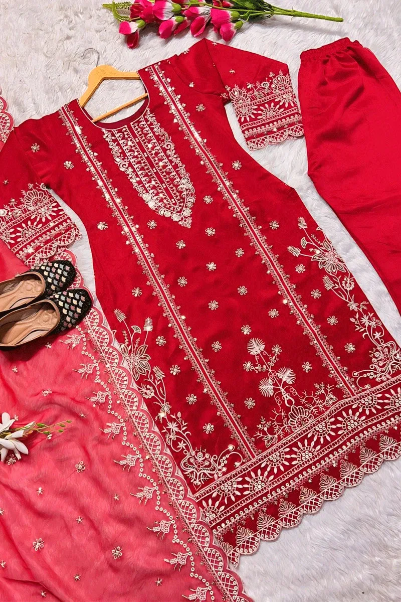 Embroidery Work Full Pair Red Colour Dress For Karwa Chauth