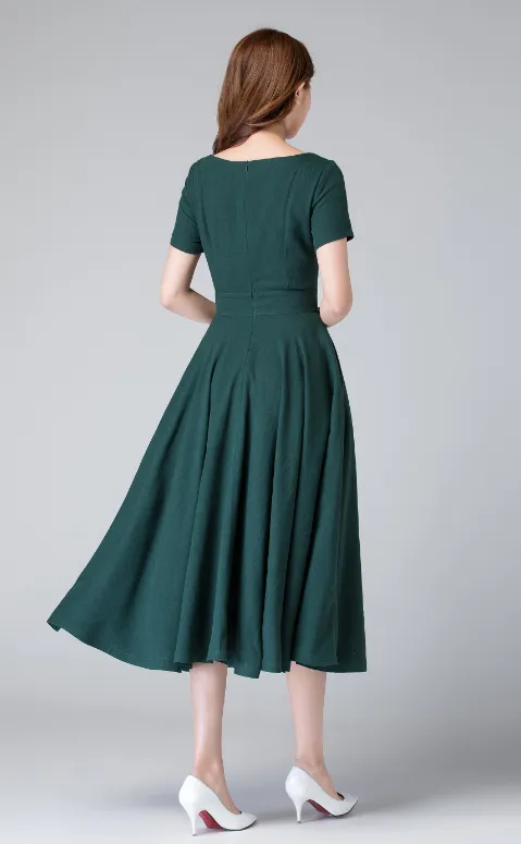 fit and flare linen midi dress, wedding guest dress 1900#