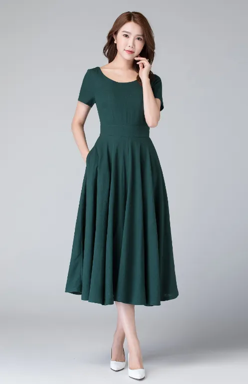 fit and flare linen midi dress, wedding guest dress 1900#