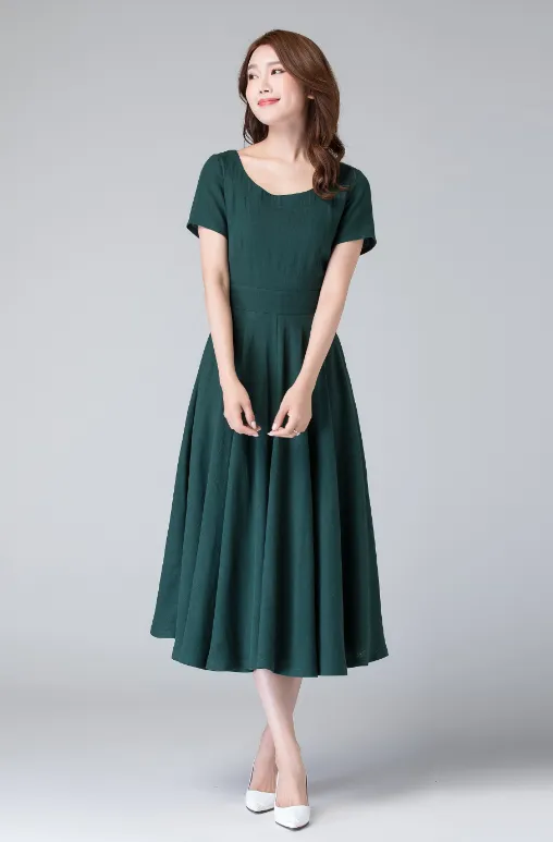 fit and flare linen midi dress, wedding guest dress 1900#