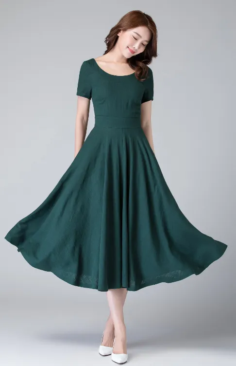 fit and flare linen midi dress, wedding guest dress 1900#