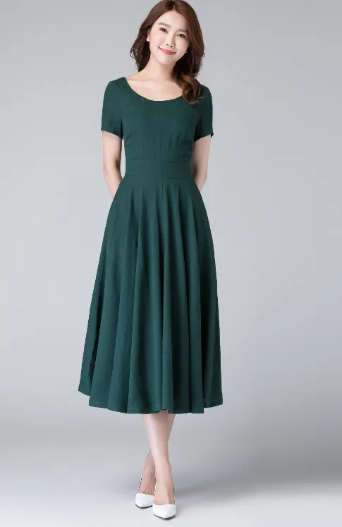 fit and flare linen midi dress, wedding guest dress 1900#