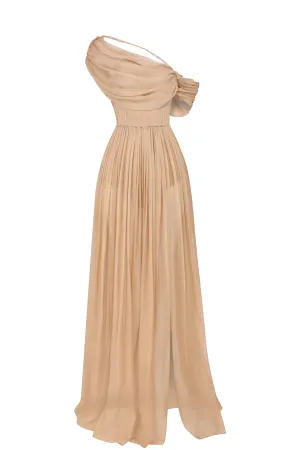 Floor-Length Dress with Asymmetric Sleeves and Hand-Pleated Bodice and Skirt