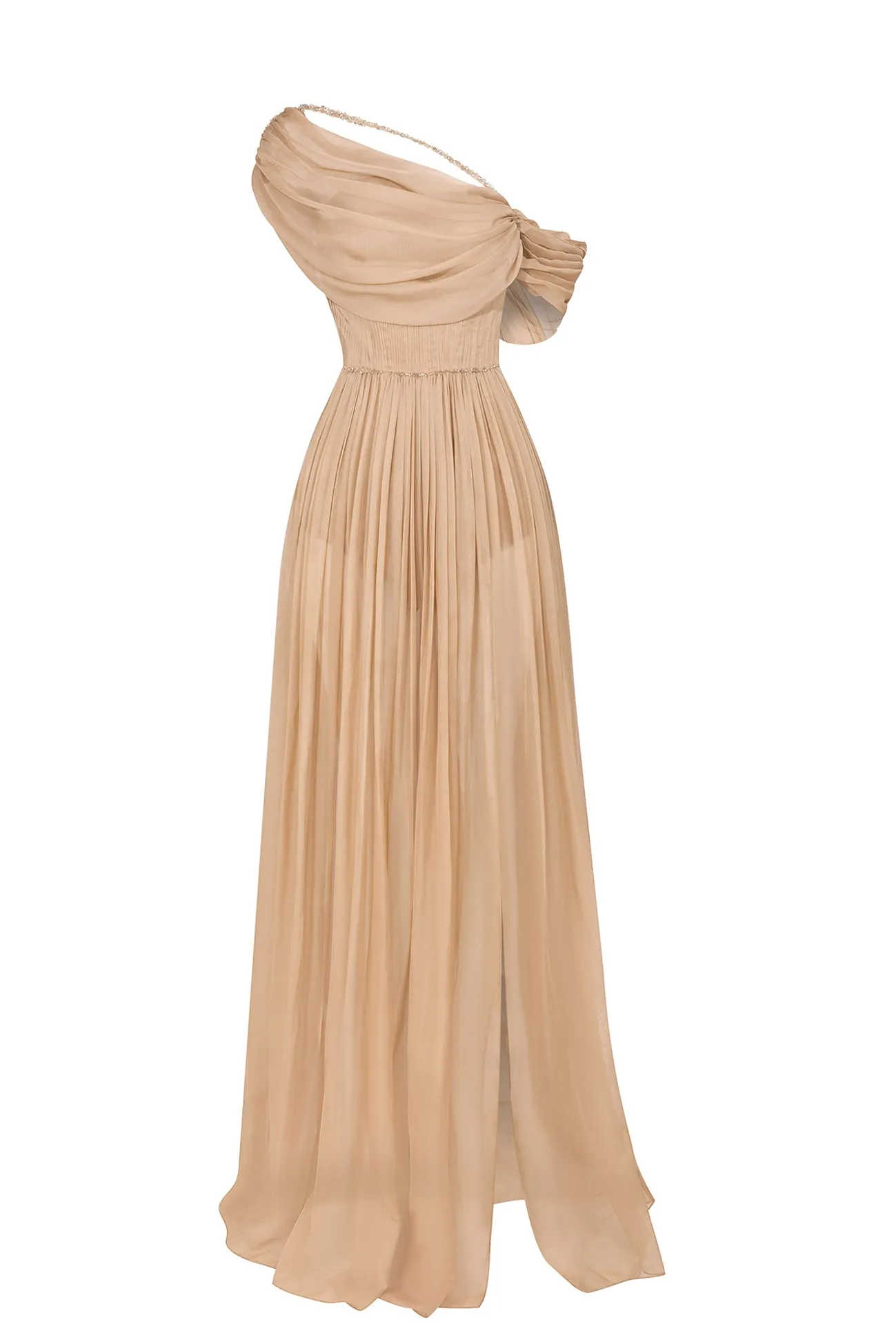 Floor-Length Dress with Asymmetric Sleeves and Hand-Pleated Bodice and Skirt