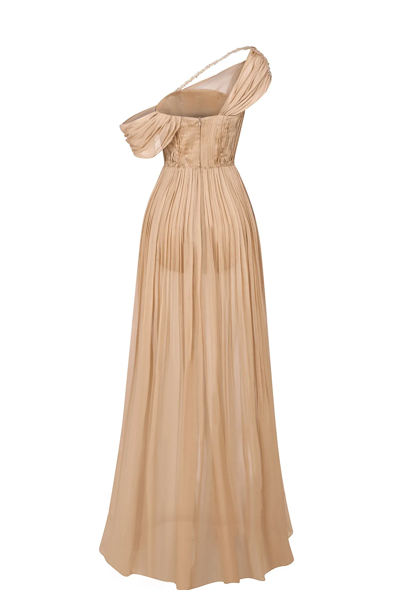 Floor-Length Dress with Asymmetric Sleeves and Hand-Pleated Bodice and Skirt