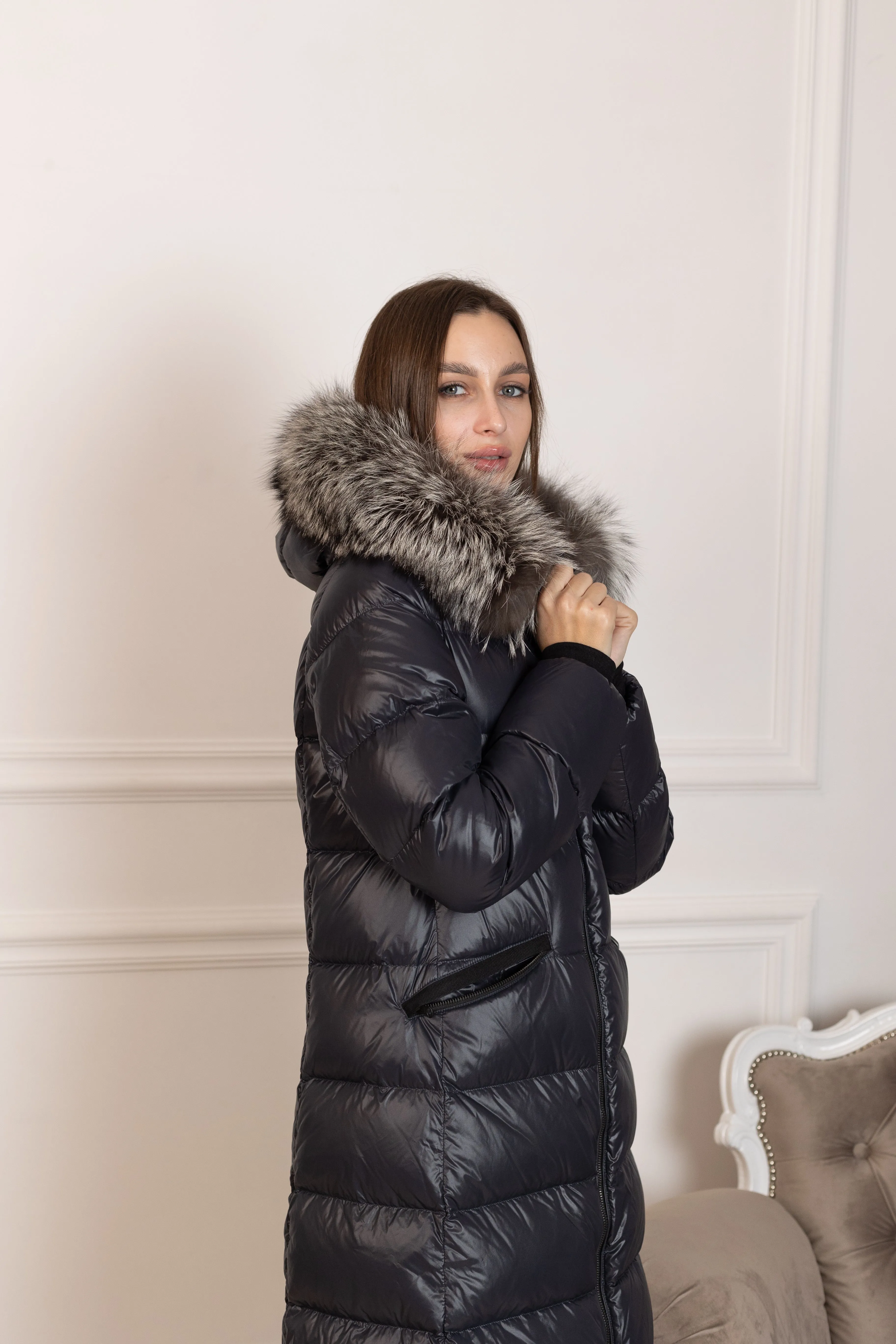 Genuine Silver Fox Fur Trim Down Fill Coat