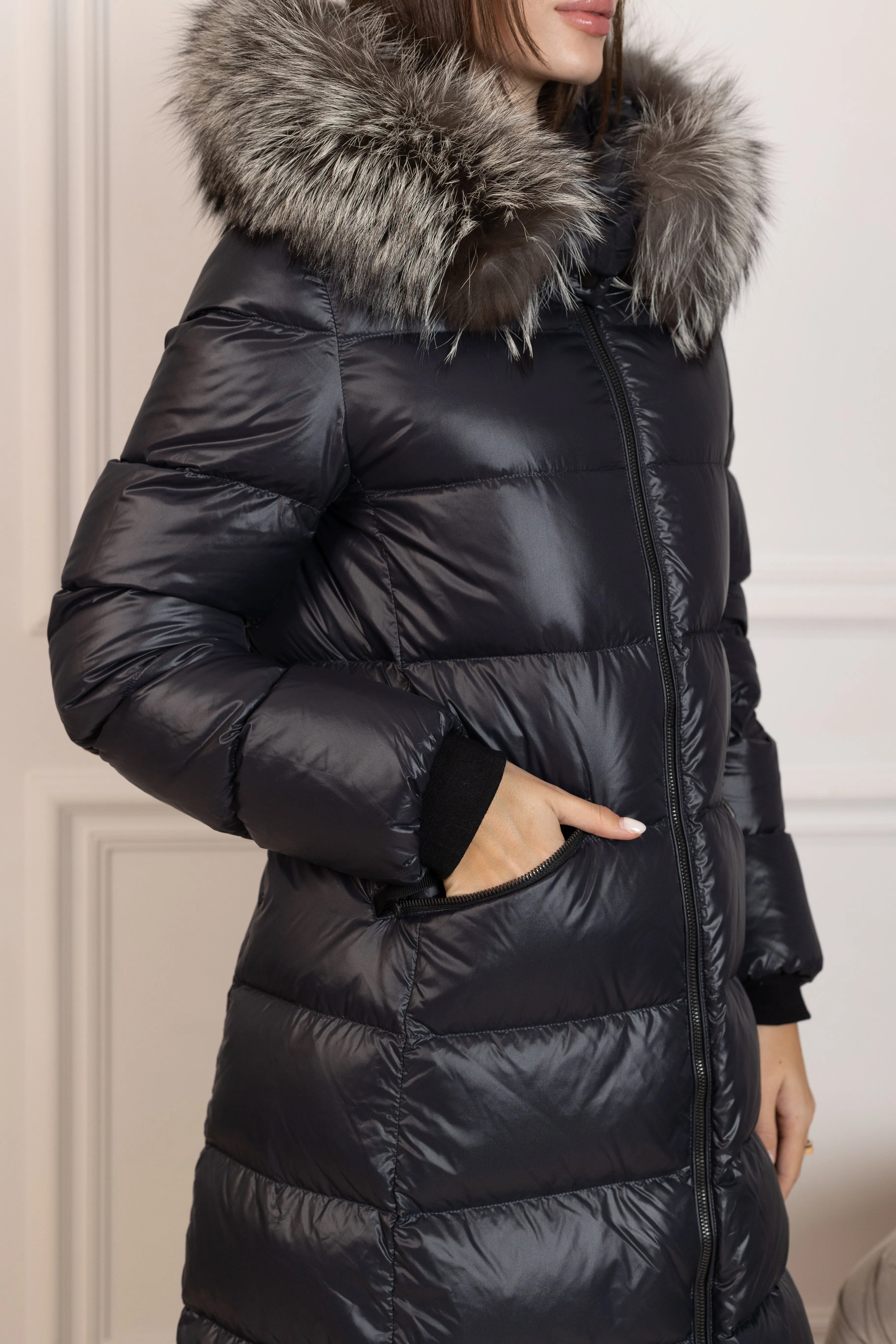 Genuine Silver Fox Fur Trim Down Fill Coat
