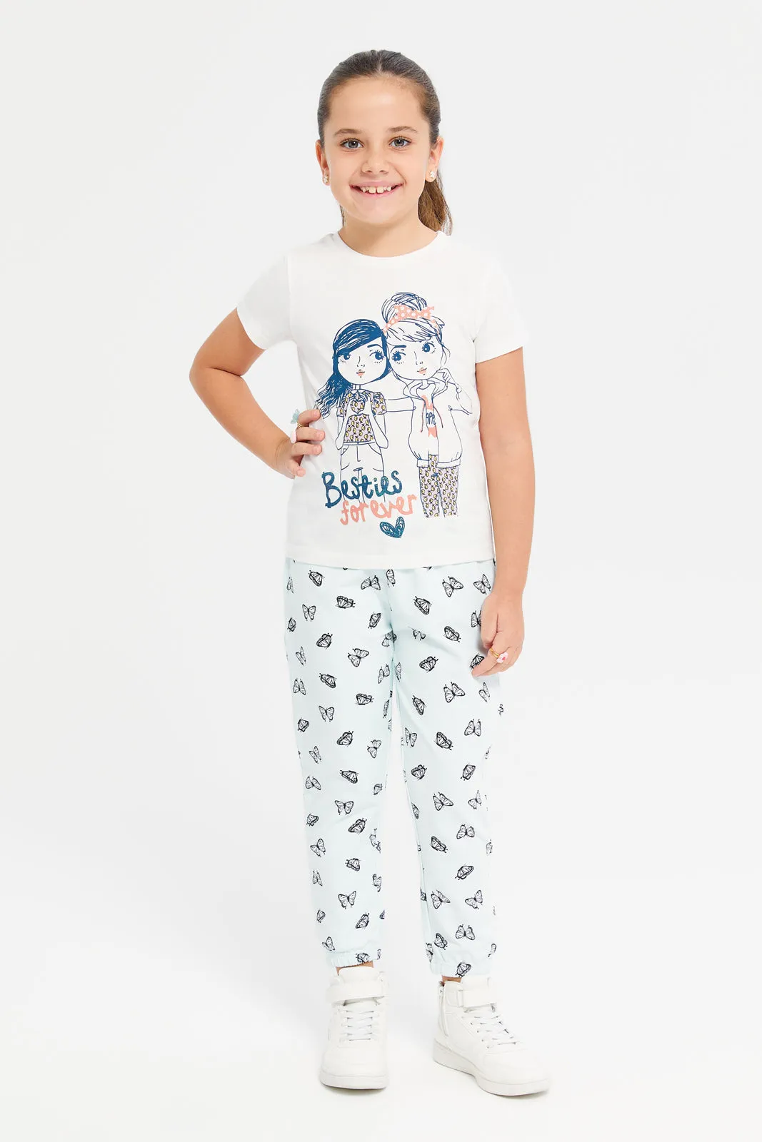 Girls Green Butterfly Print Track Pants