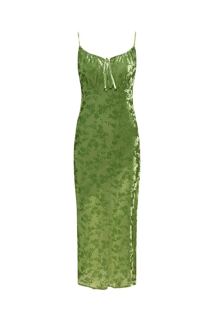 Green Velvet Floral Ruched Slip Midi Dress
