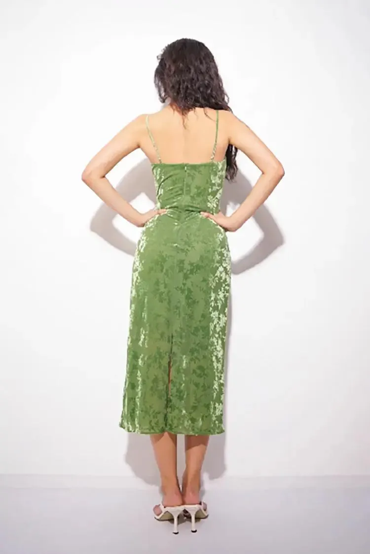 Green Velvet Floral Ruched Slip Midi Dress